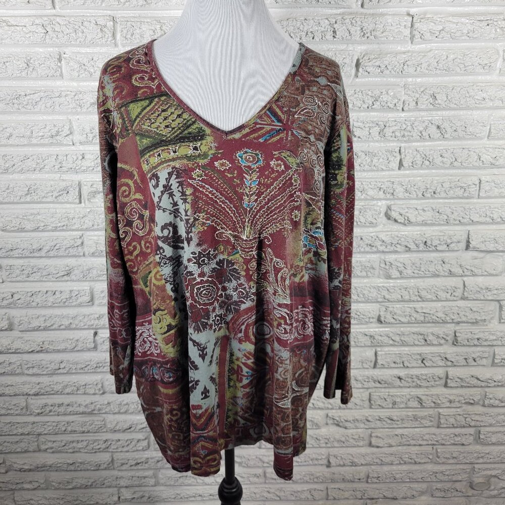 Ulla Popken Women's Top 16/18 Burgundy Green Geometric Glitter V-Neck GEO248E